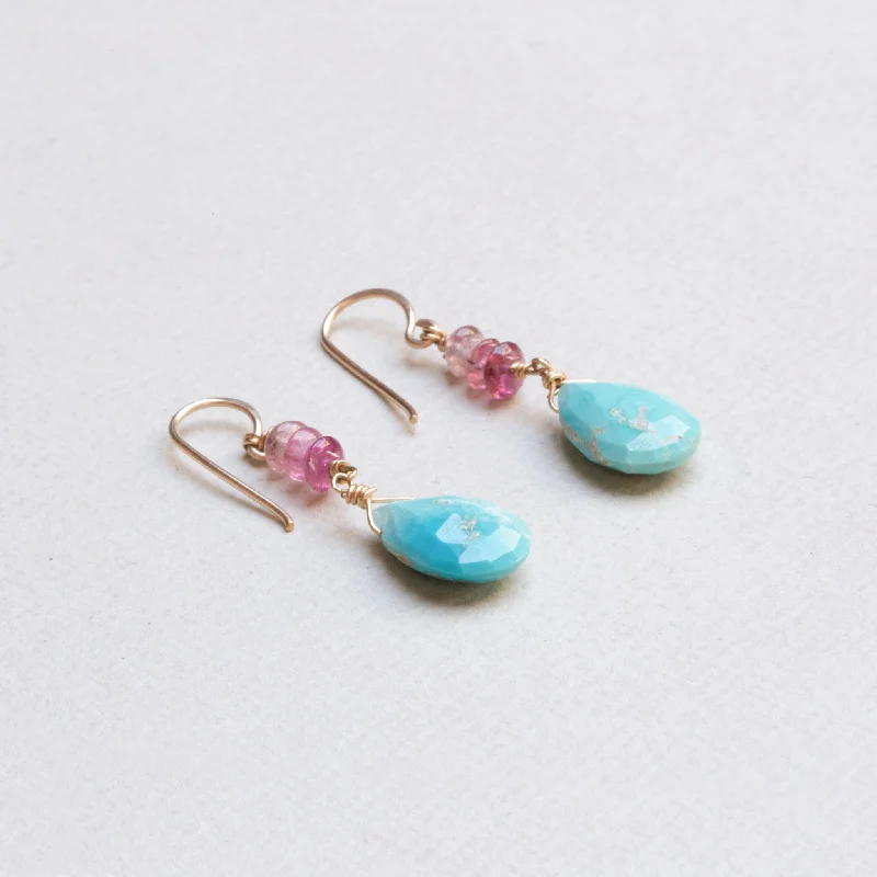 ladies earrings sentimental-Pink Tourmaline & Turquoise Drop Earrings