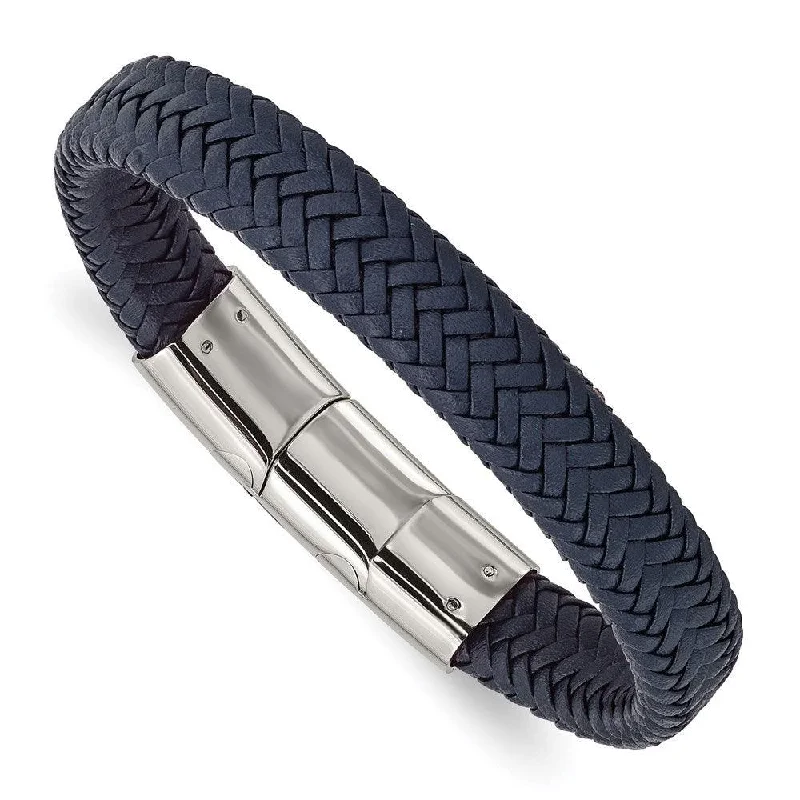 Ladies bracelets native charm -Stainless Steel Polished Navy Blue Leather w/.5in ext 7.75in Bracelet