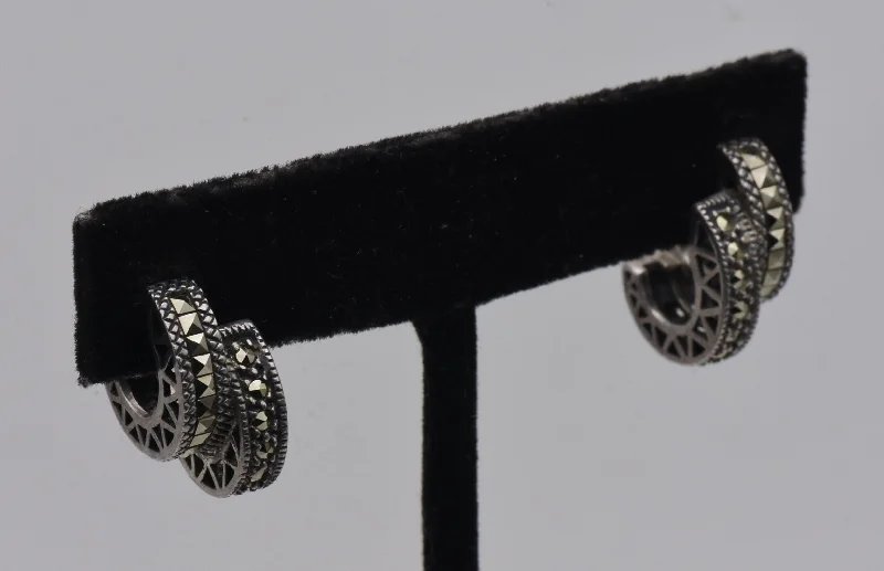 ladies earrings indulgence-Vintage Sterling Silver and Marcasite Double 3/4 Hoop Earrings