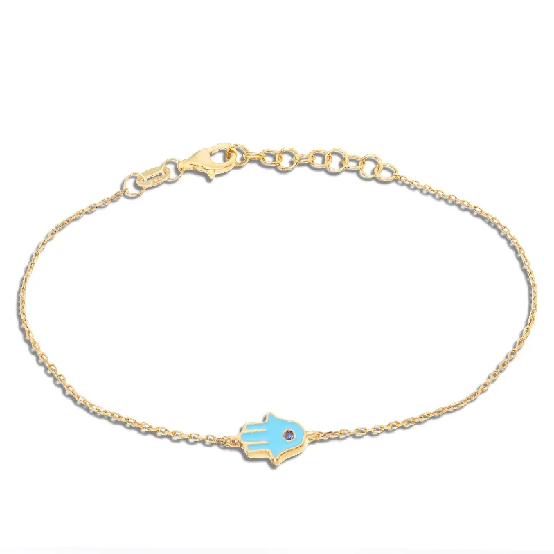 Ladies bracelets blue shine -14K Gold Blue Enamel Hamsa Charm Bracelet