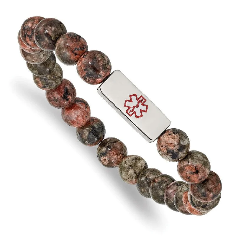 Ladies bracelets fantasy shine -Stainless Steel Polished Enamel Medical ID Poppy Jasper Stretch Bracelet