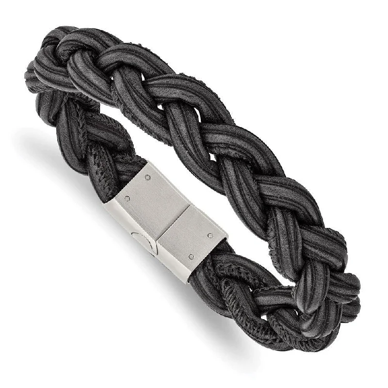 Ladies bracelets rose gold glow -Stainless Steel Brushed Black Braided Faux Leather 8.25in Bracelet