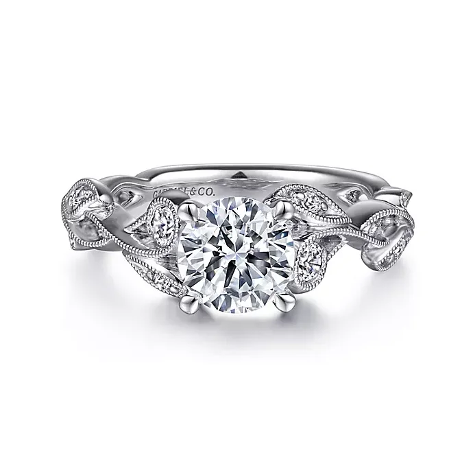 ladies engagement rings sizing guide-Lena - 14K White Gold Floral Round Diamond Engagement Ring