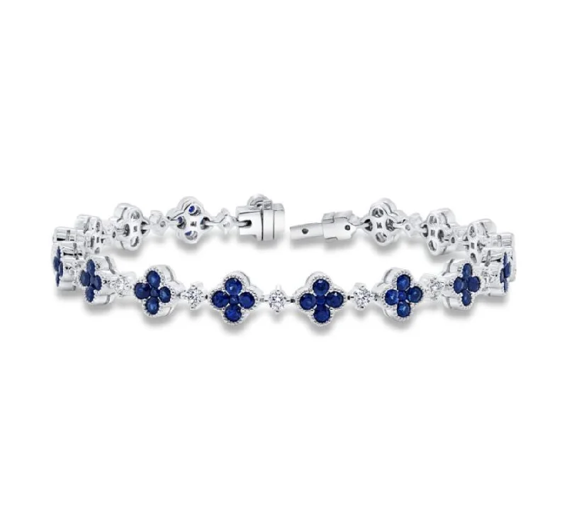 Ladies bracelets tri color shine -Precious Diamonds and Oval Blue Sapphire Alternating Bracelet in 18K White Gold