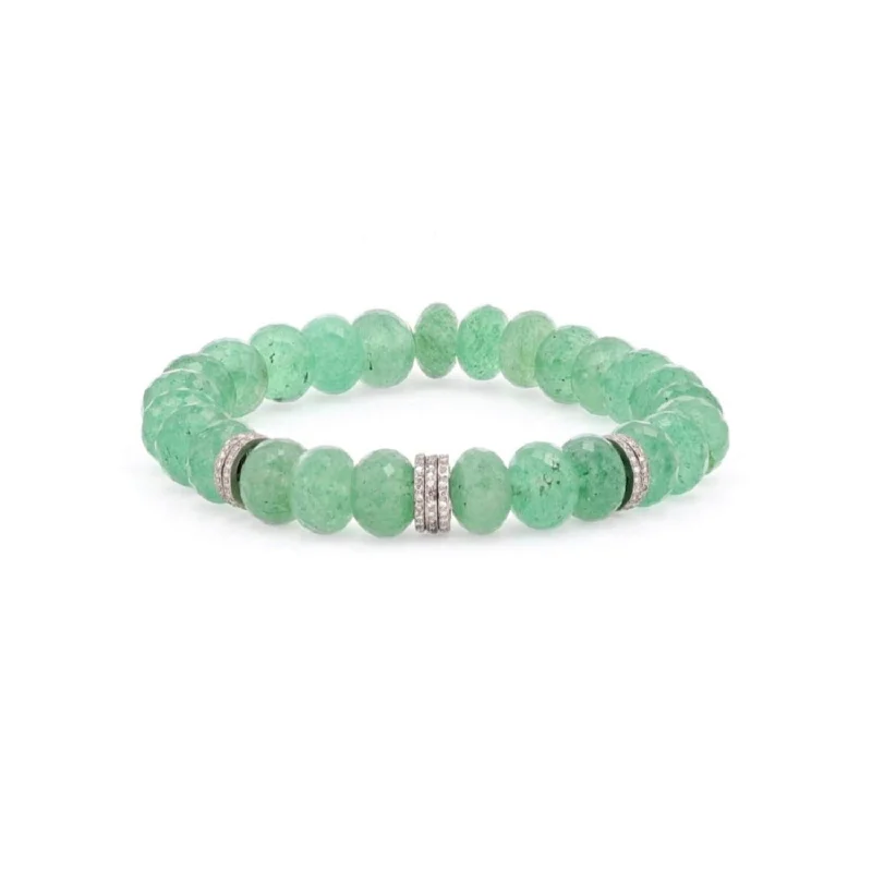 Ladies bracelets boho charm -Green Quartz Beaded Bracelet with 7 Diamond Pave Rondelles - 10mm  B0003432