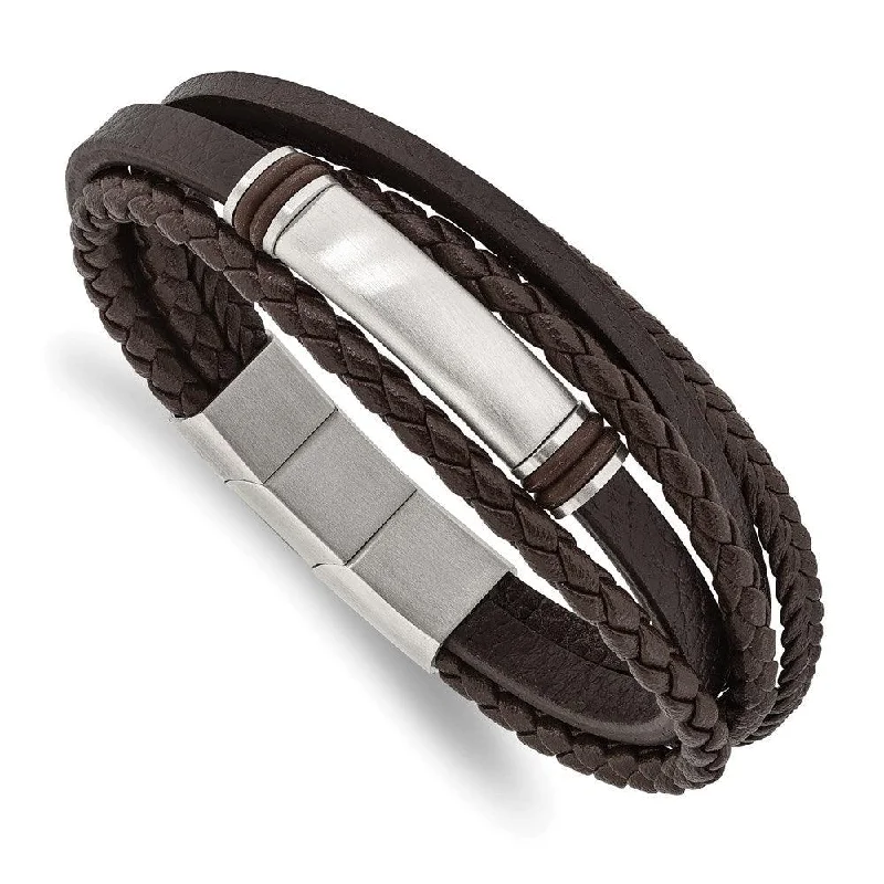 Ladies bracelets wedding shine -Stainless Steel Brushed Brown PU Leather & Rubber w/.5in ext 8in Bracelet