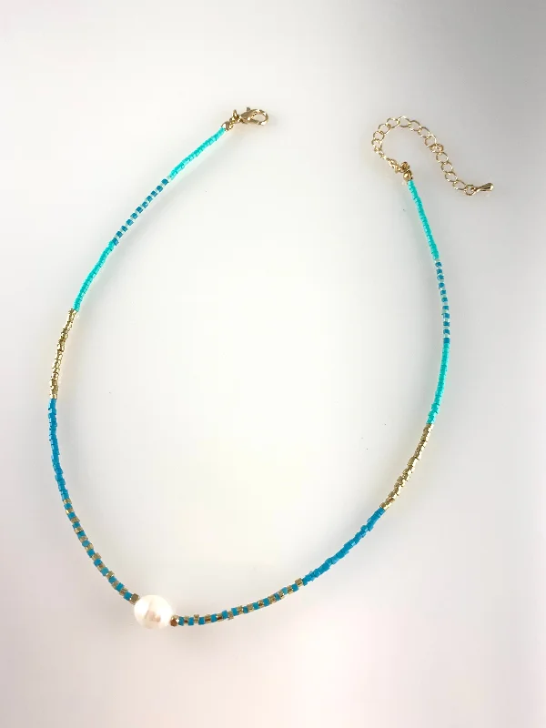 Ladies necklaces y2k sparkle -Turquoise Beaded Necklace with Pearl Pendant