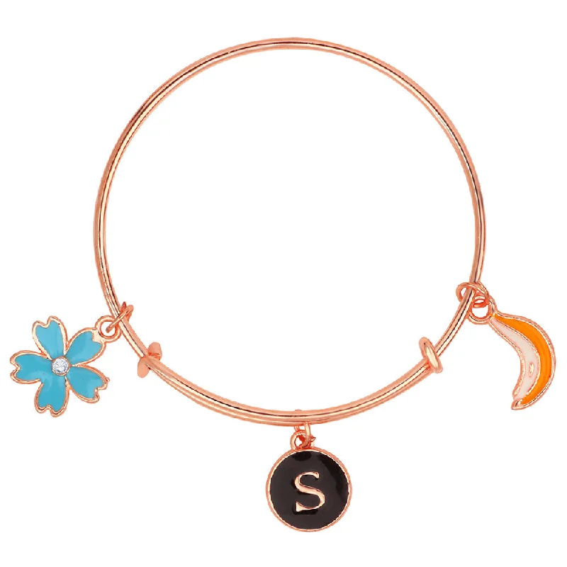 Ladies bracelets arabic charm -Mahi S Letter Banana & Floral Shaped Enamel Work Charm Bracelet with Rose Gold Plated for Kids (BRK1100874Z)