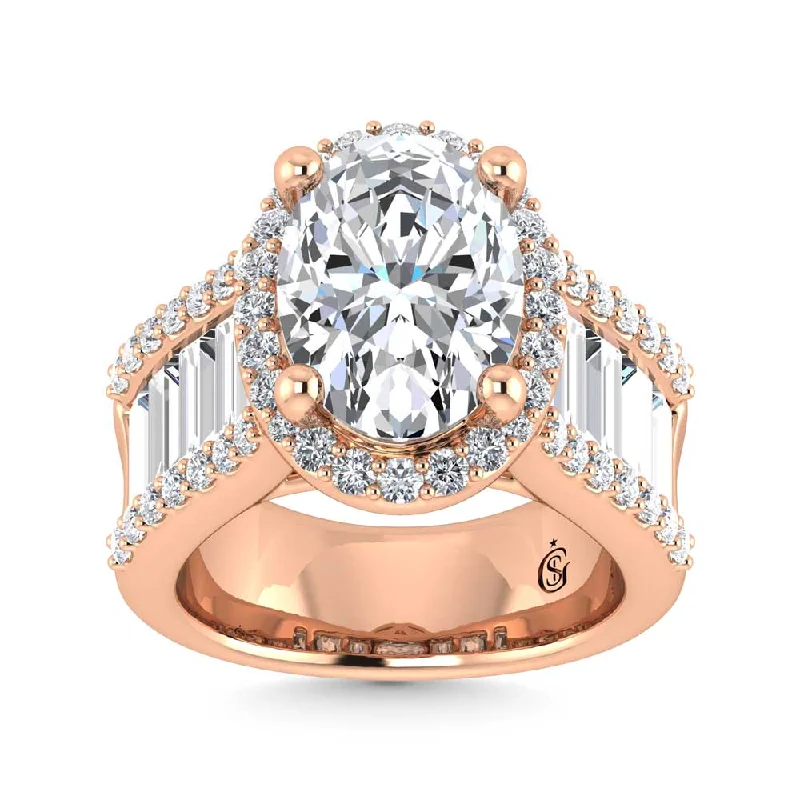 ladies engagement rings heart-14K Rose Gold Lab Grown Diamond 8 Ct.Tw. Round and Baguette Shank Engagement Ring (Oval Center)