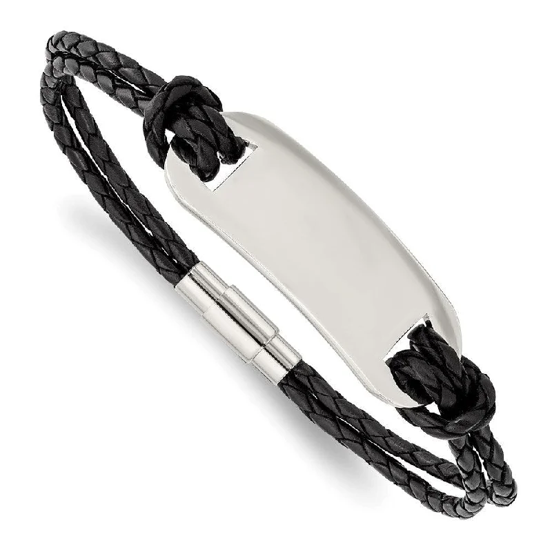 Ladies bracelets champagne charm -Stainless Steel Polished ID and Black Woven Leather Bracelet