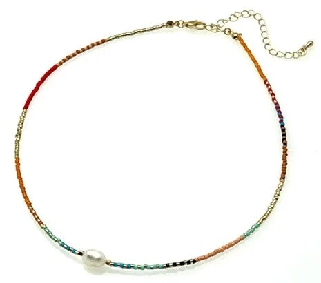 Ladies necklaces celebrity favorite -Beaded Necklace with Freshwater Pearl Pendant - Multi Colors