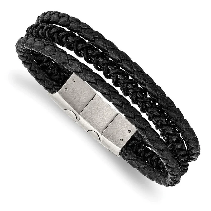 Ladies bracelets turkish shine -Stainless Steel Brushed & Polished Black IP Leather w/.5in ext Bracelet