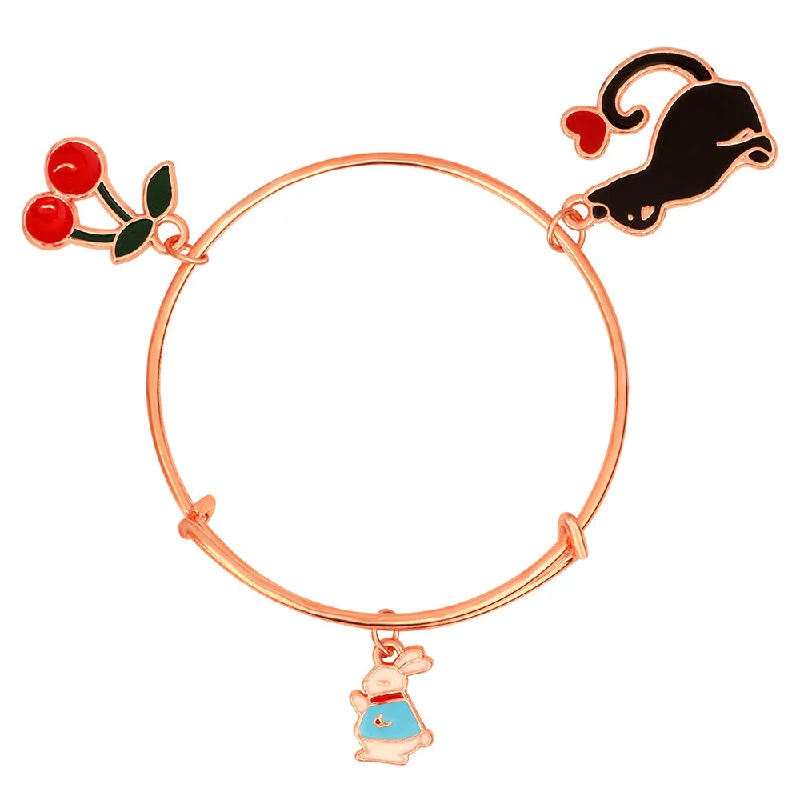 Ladies bracelets enamel charm -Mahi Cat Rabit & Cherry Shaped Rose Gold Plated Charm Bracelet for Kids (BRK1100838Z)