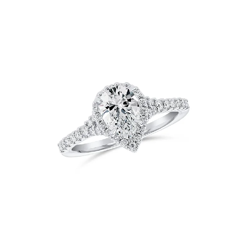 ladies engagement rings memory-0.95 CT Pear Cut Diamond and 0.36 Cttw Halo Split-Shank 14K White Gold Engagement Ring