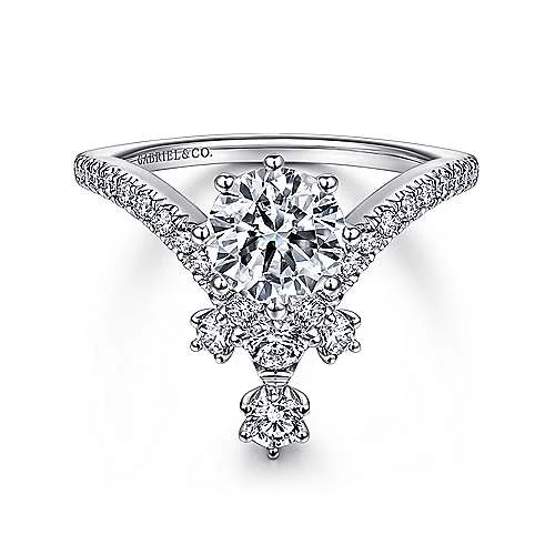 ladies engagement rings discount-Royalty - 14K White Gold Round V Shape Diamond Engagement Ring