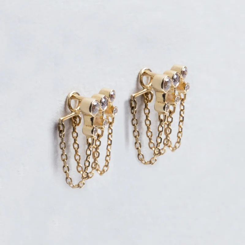 ladies earrings hexagon-Triple Chain Gold Earrings with Diamonds