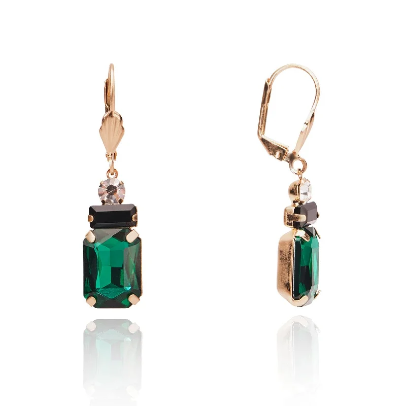 ladies earrings rectangle-Vintage Emerald Earrings: Art Deco Oblong Emerald Stone & Pearl Drop Earrings