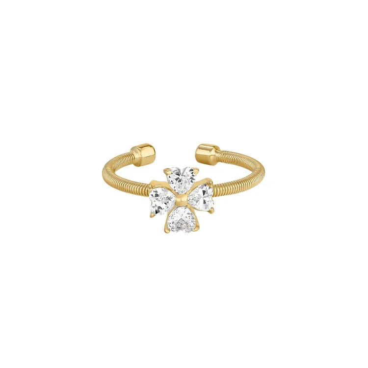 ladies rings timeless-Gold Finish Sterling Silver Cable Cuff 4 Heart Shaped Stones Cross Ring with Simulated Diamonds